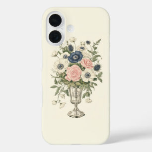 Coque Pour iPhone 16 Vintage ivoire rose bleu mauve fleurs vertes