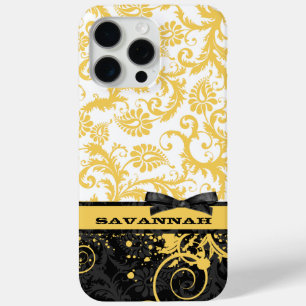 Coque iPhone 15 Pro Max Vintage jaune blanc et noir Damas