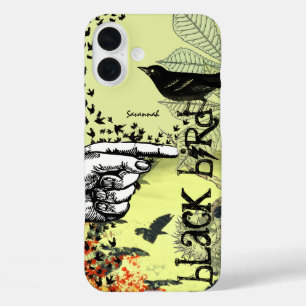 iPhone 16 Plus Case Vintage Mint Black Bird Motif