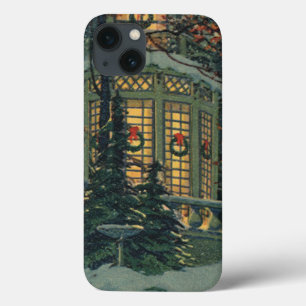 Etui iPhone 13 Vintage Noël, Maison avec des couronnes dans Windo