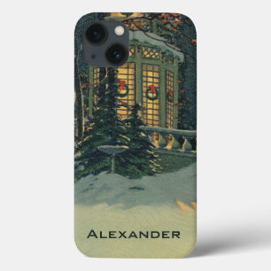 Coques Pour iPhone Vintage Noël, Maison avec des couronnes dans Windo