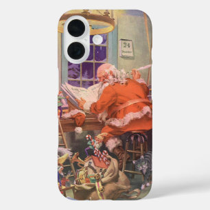 Coque Pour iPhone 16 Vintage Noël, Santa Claus avec Elves Atelier