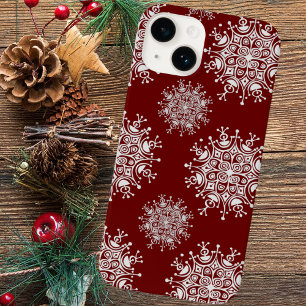 Coque Pour iPhone 15 Vintage Noël Snowflakes Red Blizzard Motif
