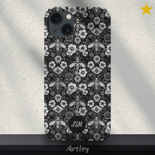 Case-Mate iPhone Case Vintage noir blanc motif floral abeilles Initiales