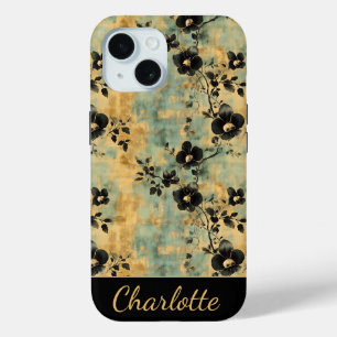 Coque Pour iPhone 15 Vintage personnalisé noir & or Floral