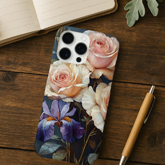 Coques iPhone 16 Pro Max Vintage Rose et Iris Floral en rose et violet