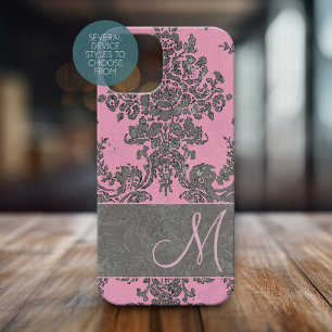 Coque iPhone 15 Pro Vintage rose gris Damas motif Monogramme