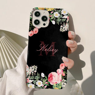 Coque Pour iPhone 14 Vintage rose noir Personnalisé Monogramme Floral