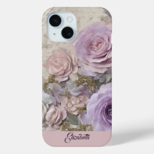 Coque Pour iPhone 15 Vintage shabby chic Pink Nom personnalisé