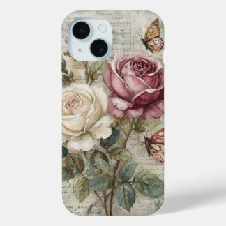 Coque Pour iPhone 15 Vintage Shabby Chic Pink Rose and Butterfly 