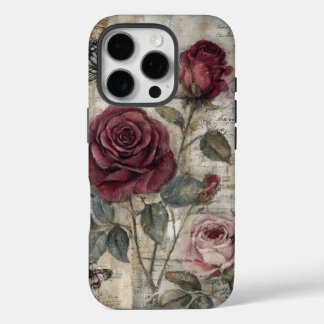 Coques iPhone 16 Pro Vintage Shabby Chic Red Rose and Butterfly 