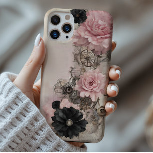 Coques iPhone 16 Pro Max Vintage Steampunk Boho rose et noir Floral