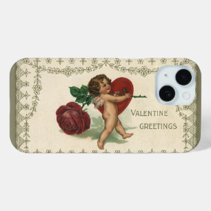 Coque Pour iPhone 15 Vintage Victorian Valentine Cherub, Rose et coeur