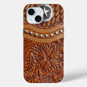 Coque Pour iPhone 15 vintage western pays motif en cuir clouté