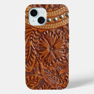 Coque Pour iPhone 15 vintage western pays motif en cuir clouté
