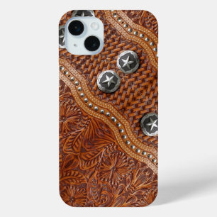 Coque iPhone 15 Mini vintage western pays motif en cuir clouté