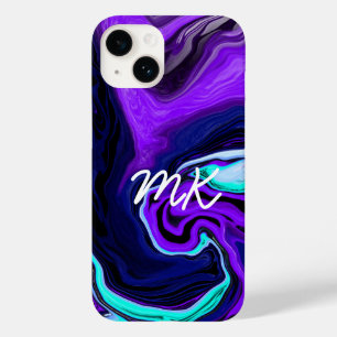 Coque Pour iPhone 14 Violet, Bleu et Turquoise Abstrait Fluid Art