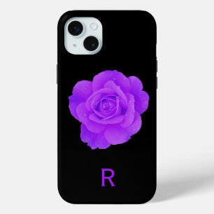 Coque iPhone 15 Mini Violet élégant pourpre Fleur de rose foncée Monogr