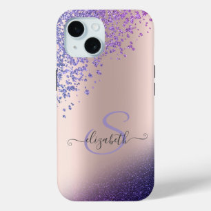Coque Pour iPhone 15 Violet Glitter Ombre Diamants