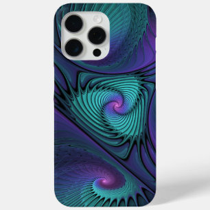 Coque iPhone 15 Pro Max Violet Rencontre Turquoise Moderne Art Fractal Abs