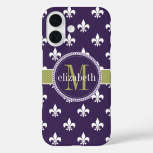 Coque Pour iPhone 16 Violet vert olive Fleur de Lis Monogram