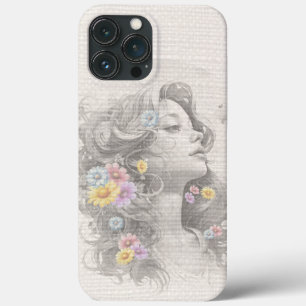 Case-Mate iPhone Case Visage de Femme Avec Fleurs Effet Toile de Jute