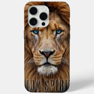 Coque iPhone 15 Pro Max Visage de lion majestueux aux yeux bleus   Faune A