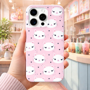 Coque iPhone 15 Pro Max Visages de Chat Kawaii avec des Cœurs – Motif Rose