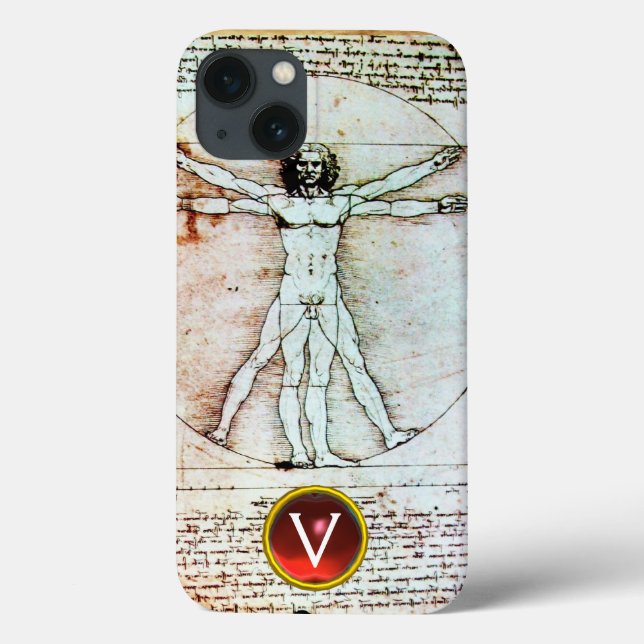 Coques Case-Mate iPhone VITRUVIAN MAN Parchemin antique Rouge Ruby Monogra (Verso)