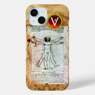 Coque Pour iPhone 15 VITRUVIAN MAN Parchemin antique Rouge Ruby Monogra