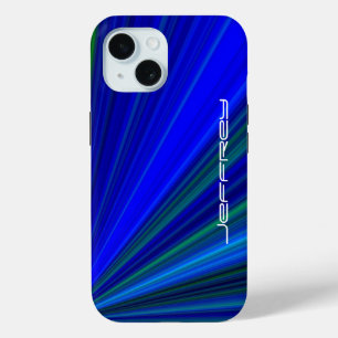 Coque Pour iPhone 15 Vivid Blue Green Starburst Personnaliser le nom To