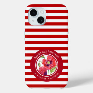 Coque Pour iPhone 15 Vivid Red Poppies Floral Cercle Blanc rayures