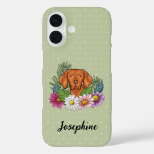 Coque Pour iPhone 16 Vizsla Hongroise Avec Fleurs Colorées Et Nom