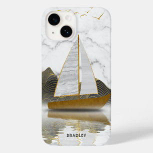 Coque Pour iPhone 14 Voile de yacht moderne et élégant Marbre doré Nom