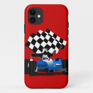 Coque iPhone 11 Voiture Blue Race avec drapeau À damiers