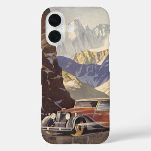 Coque Pour iPhone 16 Voiture vintage sur une route de montagne en hiver