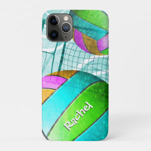 Coque iPhone 11 Pro Volley-ball féminin turquoise rose chaux