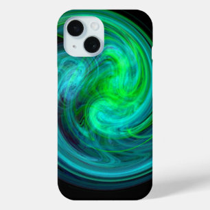 Coque Pour iPhone 15 VORTEX CLAIR, Vagues Fractales Vert Bleu Abstrait