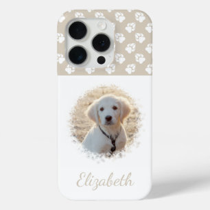 Coque iPhone 15 Pro Votre Animal Photo & Paquets Blancs Sur Beige & Cu