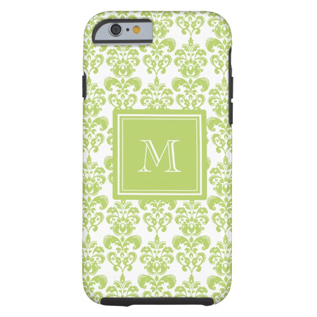 Coques Case-Mate iPhone Votre monogramme, motif vert clair 2 de damassé (Dos)