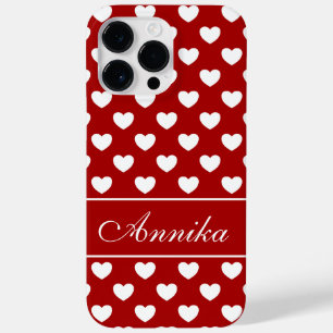 Coque Pour Pour iPhone 14 Pro Max Votre Nom, Coeurs Blancs Sur Rouge