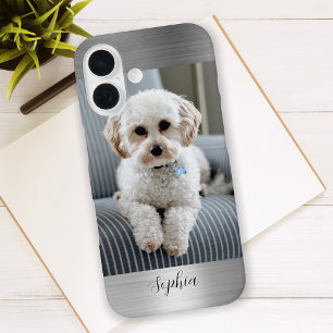 Coque Pour iPhone 16 Votre Photo, Faux Silver Metal & Script Nom