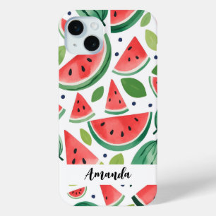 Coque iPhone 15 Mini Watercolor Cute Watermelon Motif Nom Customisé