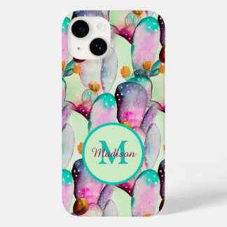 Coque Pour iPhone 14 Watercolor Prickly Pear Cactus Flowers Monogrammed