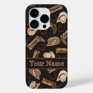 Coque Pour iPhone 14 Pro Western Cowboy Boots Casquettes Black Brown Nom