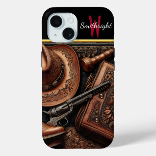 Coque Pour iPhone 15 Western Trio : Casquette, Bottes, Revolver