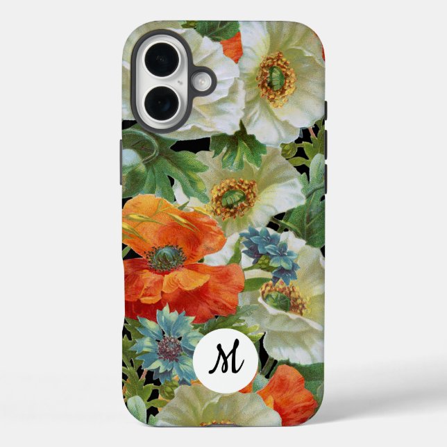 Coques Case-Mate iPhone White and Orange Poppies on Black Initial Floral (Verso)
