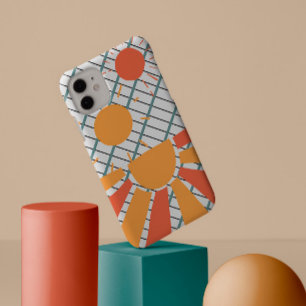 Coque iPhone 15 Pro Max white & black grid Retro red orange Sunset on blue