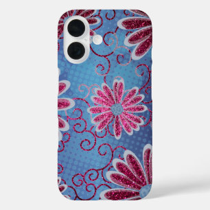 Coque Pour iPhone 16 White Navy Blue Floral rose Parties scintillant Mo