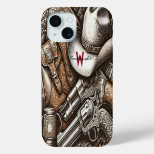 Coque Pour iPhone 15 Wild West avec Cowboy Casquette et armes à feu
